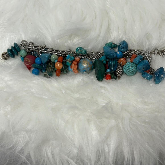 Teal Blue Turquoise Bead Silver‎ Chain Multi Strand Charm Bracelet Women's - Picture 4 of 6
